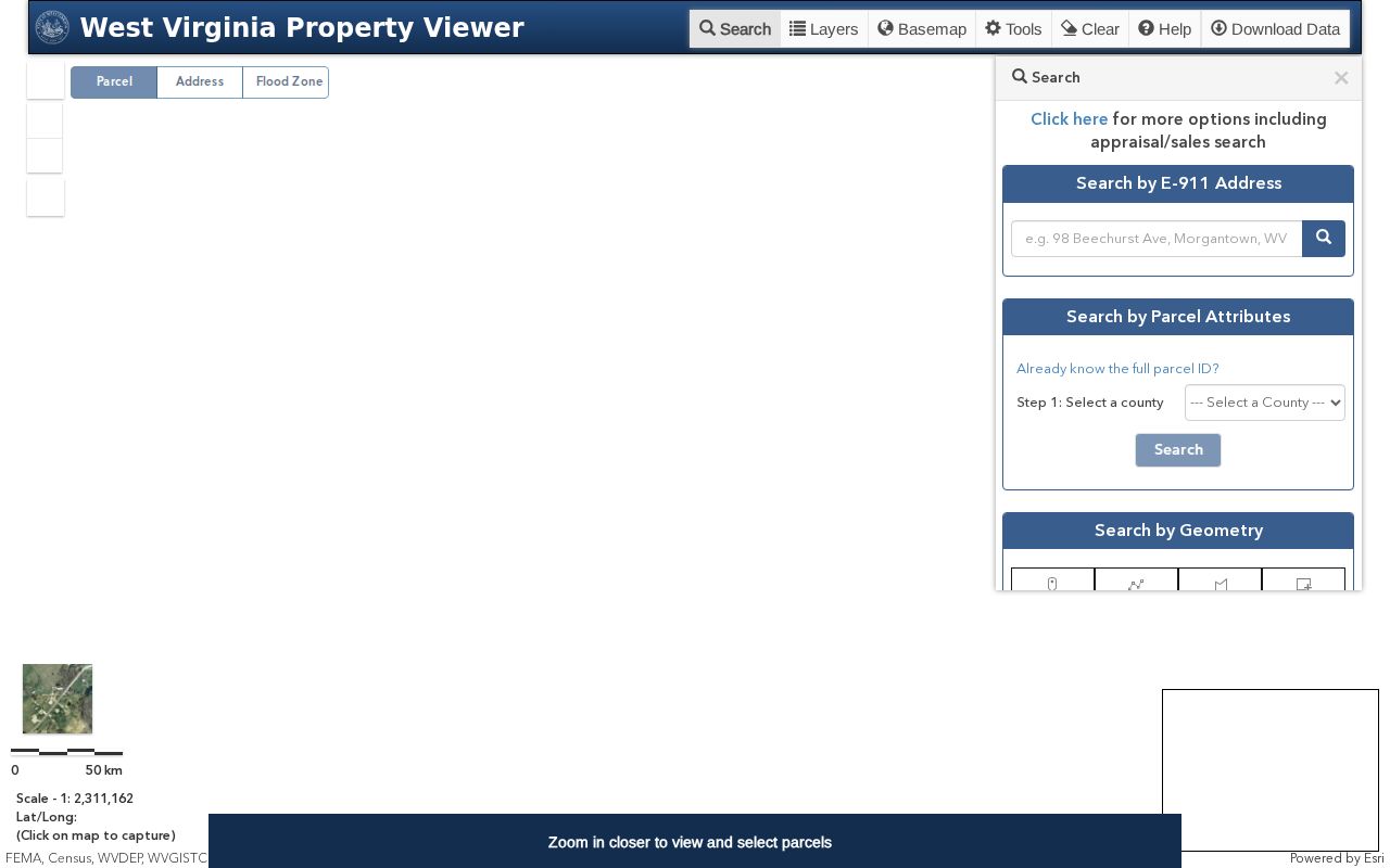 Mineral County parcel maps in the WV Property Viewer search panel and map